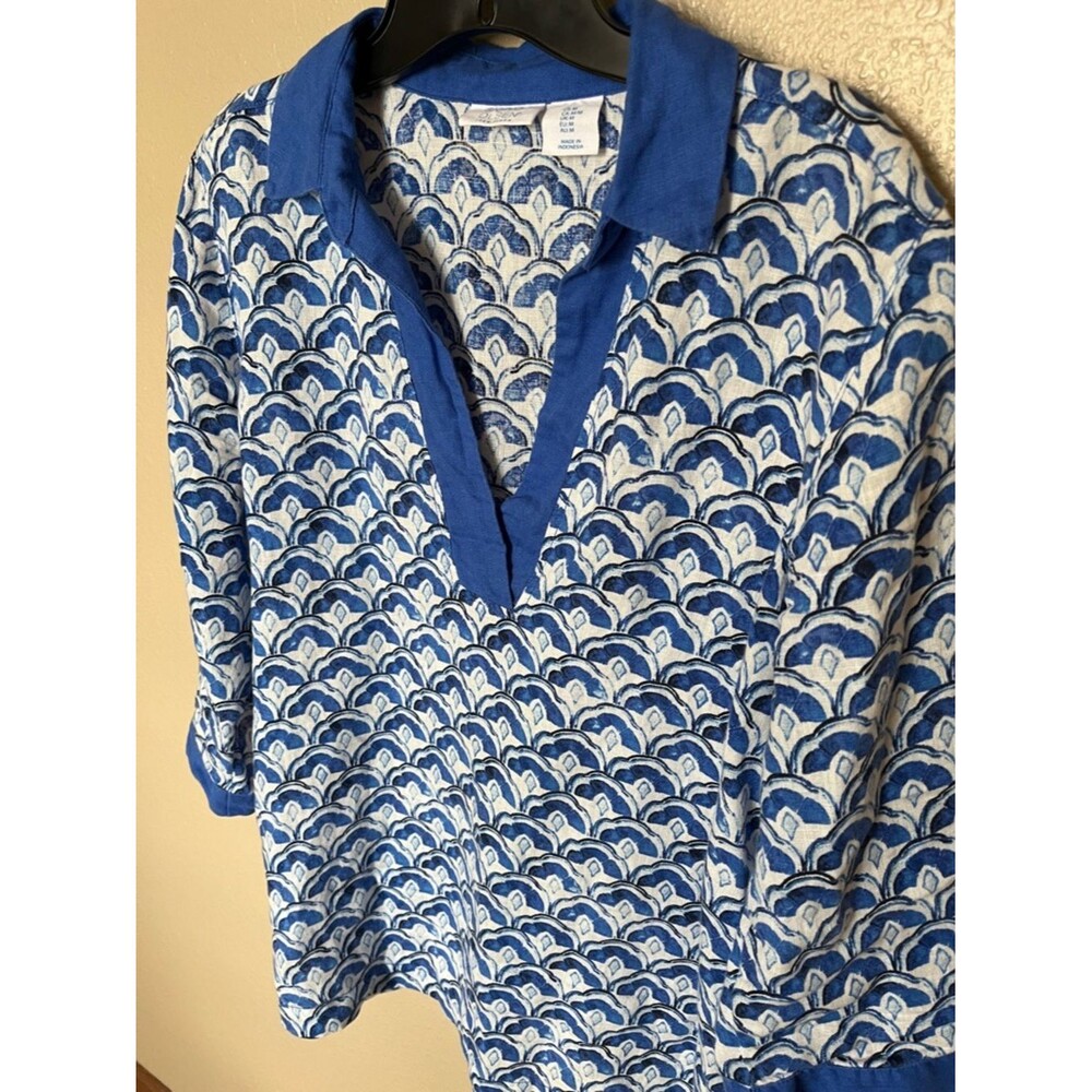 Sigrid Olsen 100% Linen Blue/White Print 3/4 Sleeve Popover Top Blouse Size MED - Picture 8 of 8
